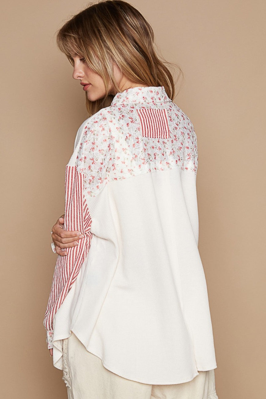 POL Long Sleeve Embroidered Print Patch Pocket Shirt - TopFashionHQ