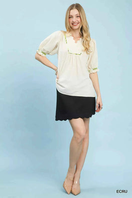 Umgee Scalloped Trim Blouse with Puff Sleeves