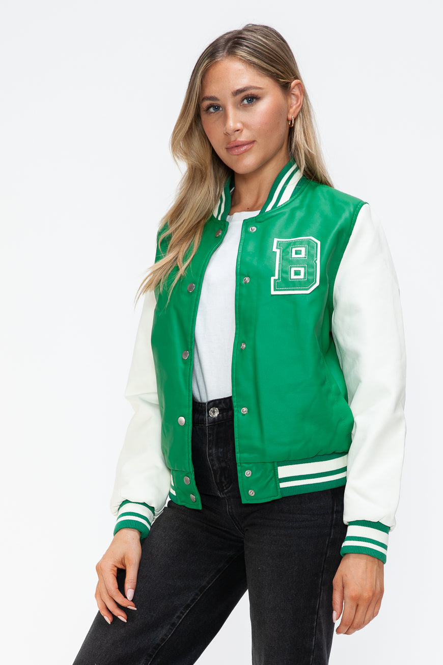 Love Me Now PU Leather Contrast Snap Down Bomber Jacket - TopFashionHQ