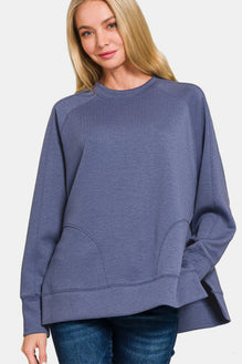 Zenana Scuba Round Neck Side Slit Sweatshirt