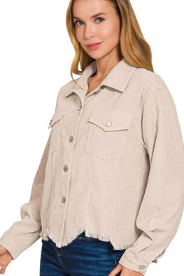 Zenana Distressed Corduroy Frayed Hem Cropped Jacket
