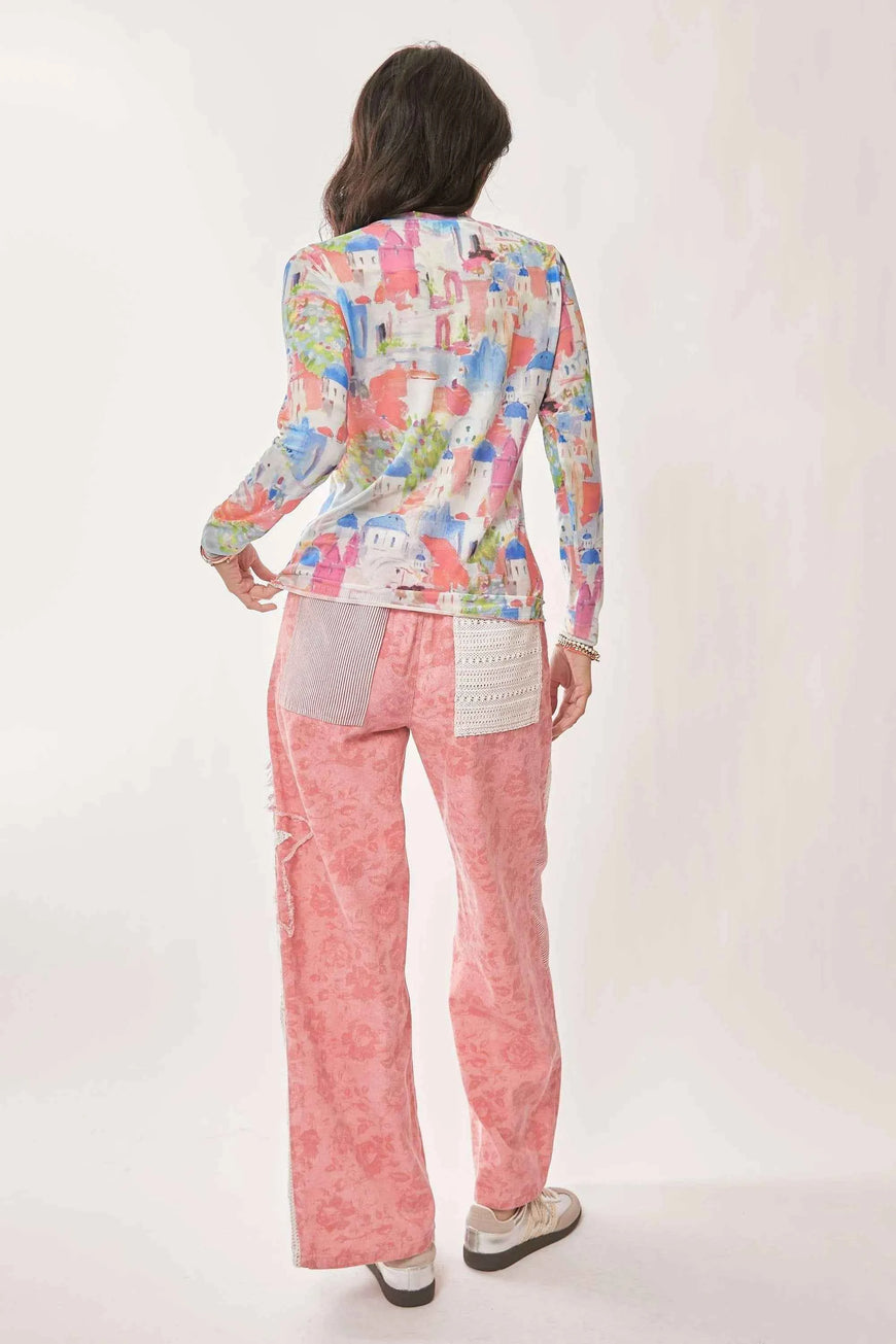 Davi & Dani Multi Printed Mesh Round Neck Long Sleeve Top