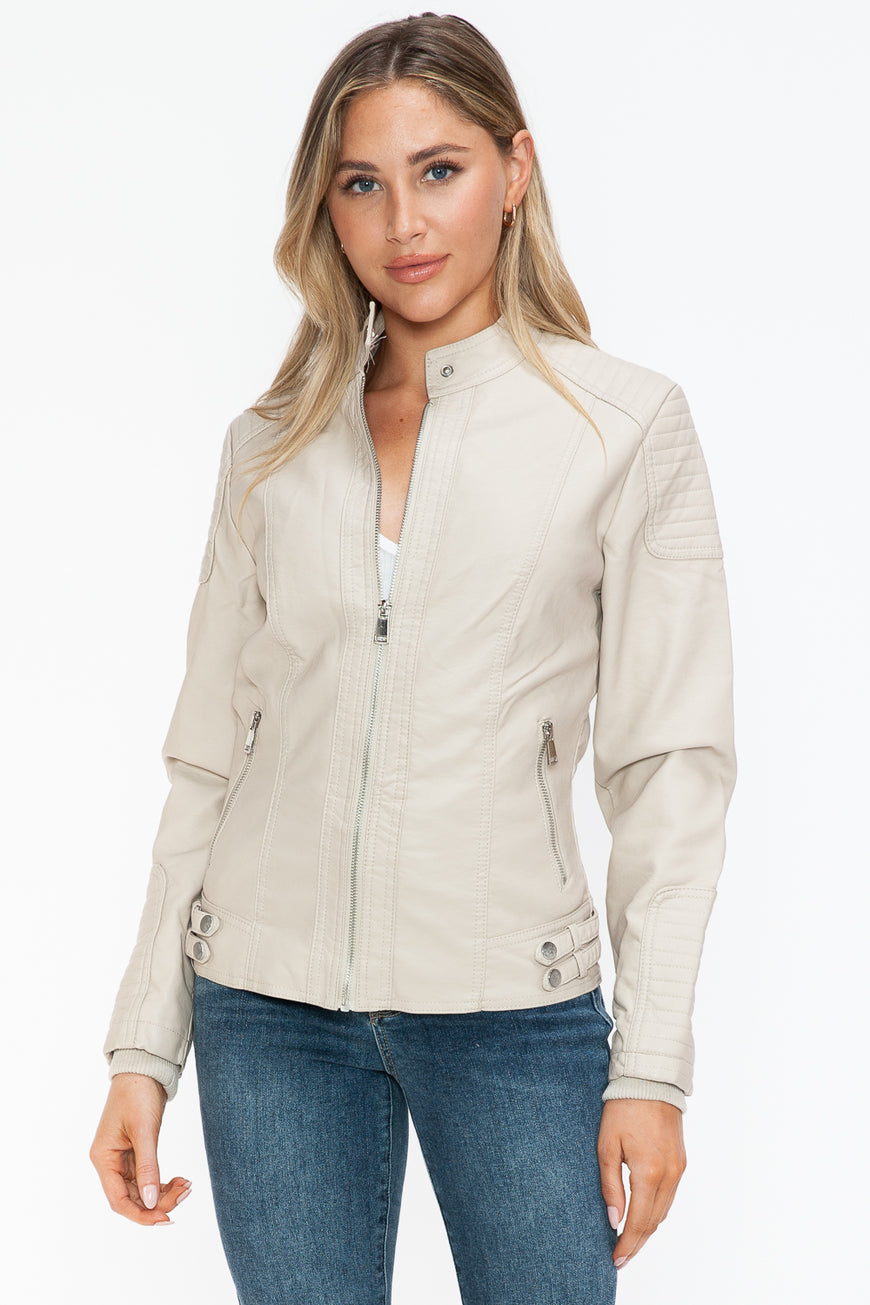 Snobbish Faux Leather Biker Jacket with Side Zip Pockets - TopFashionHQ