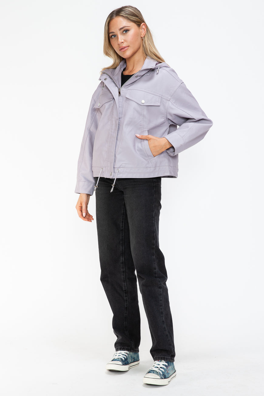 How Dare U Drawstring Hem PU Leather Zip Up Jacket - TopFashionHQ