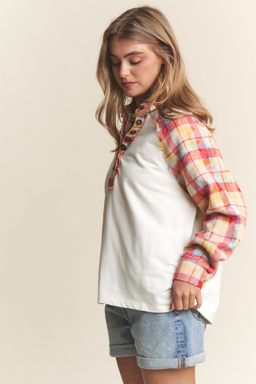 J.NNA Plaid Contrast Button Down Henley Top - TopFashionHQ