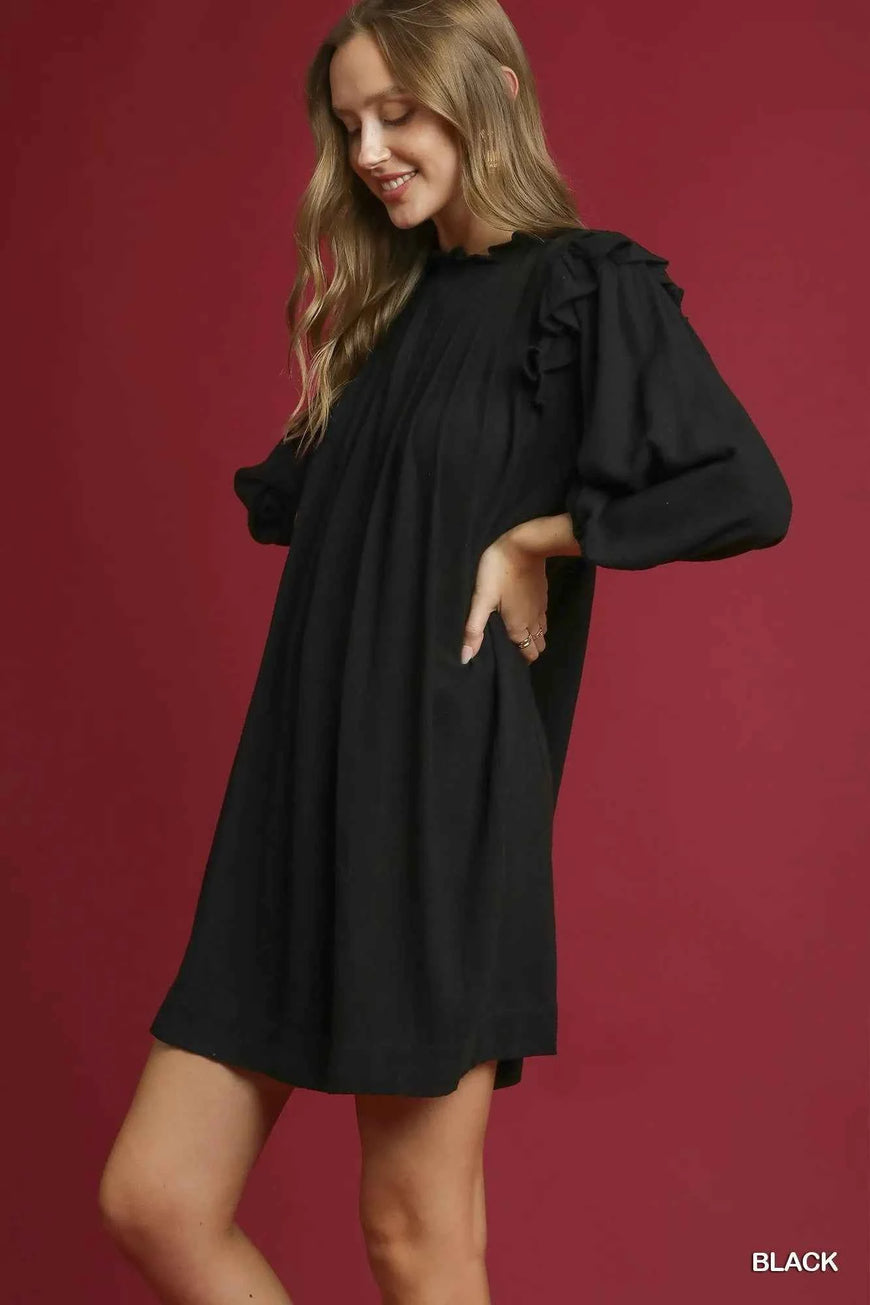 Umgee Linen Ruffle Shoulder Pleated Babydoll Dress