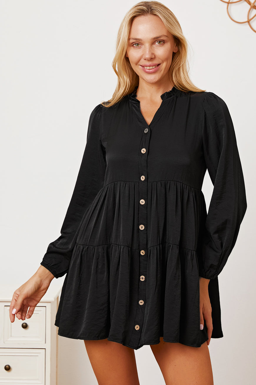 Ruffled Button Up Long Sleeve Tiered Shirt - TopFashionHQ