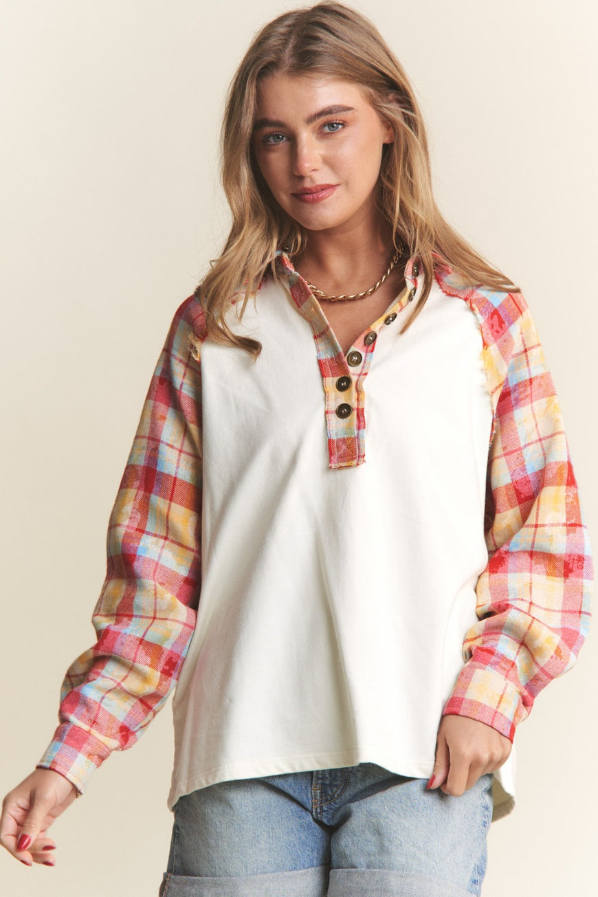 J.NNA Plaid Contrast Button Down Henley Top - TopFashionHQ