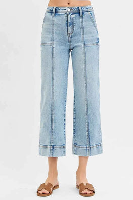 RISEN Full Size High Rise Crop Wide Front Seam Detailed Jeans Plus Size