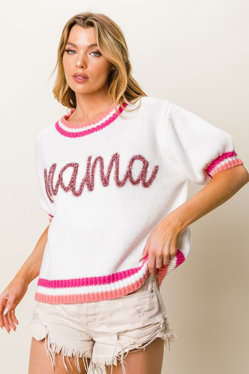 BiBi MAMA Contrast Trim Short Sleeve Sweater - TopFashionHQ