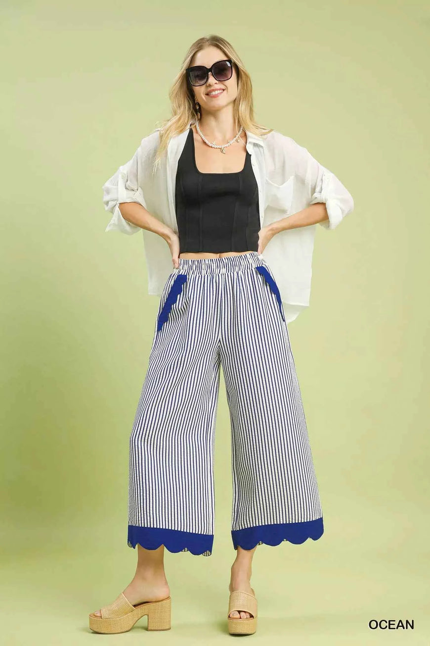 Umgee Stripe Scallop Hem Wide Leg Pants