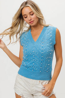 BiBi Chevron Pointelle Pearl Knit Top