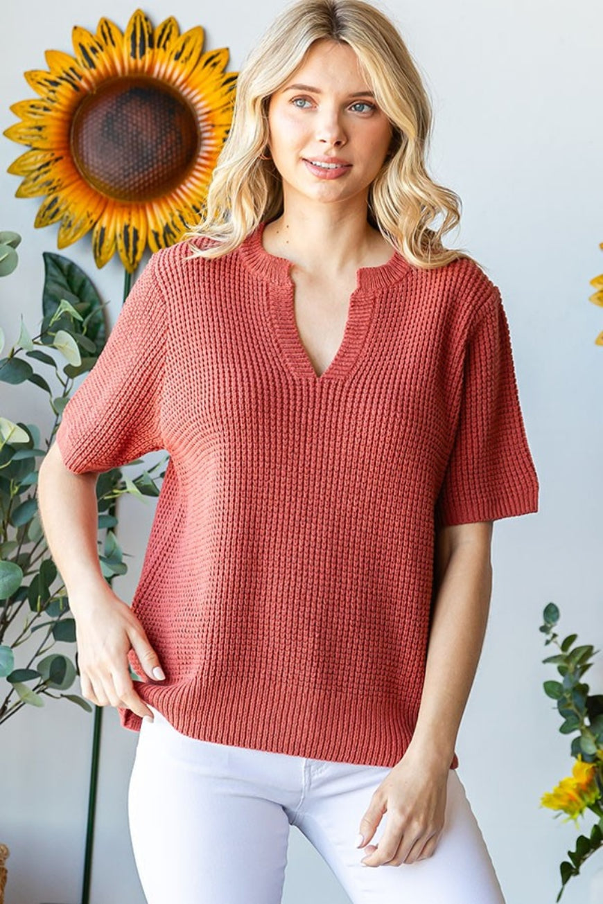 First Love Notched Short Sleeve Knit Top - TopFashionHQ