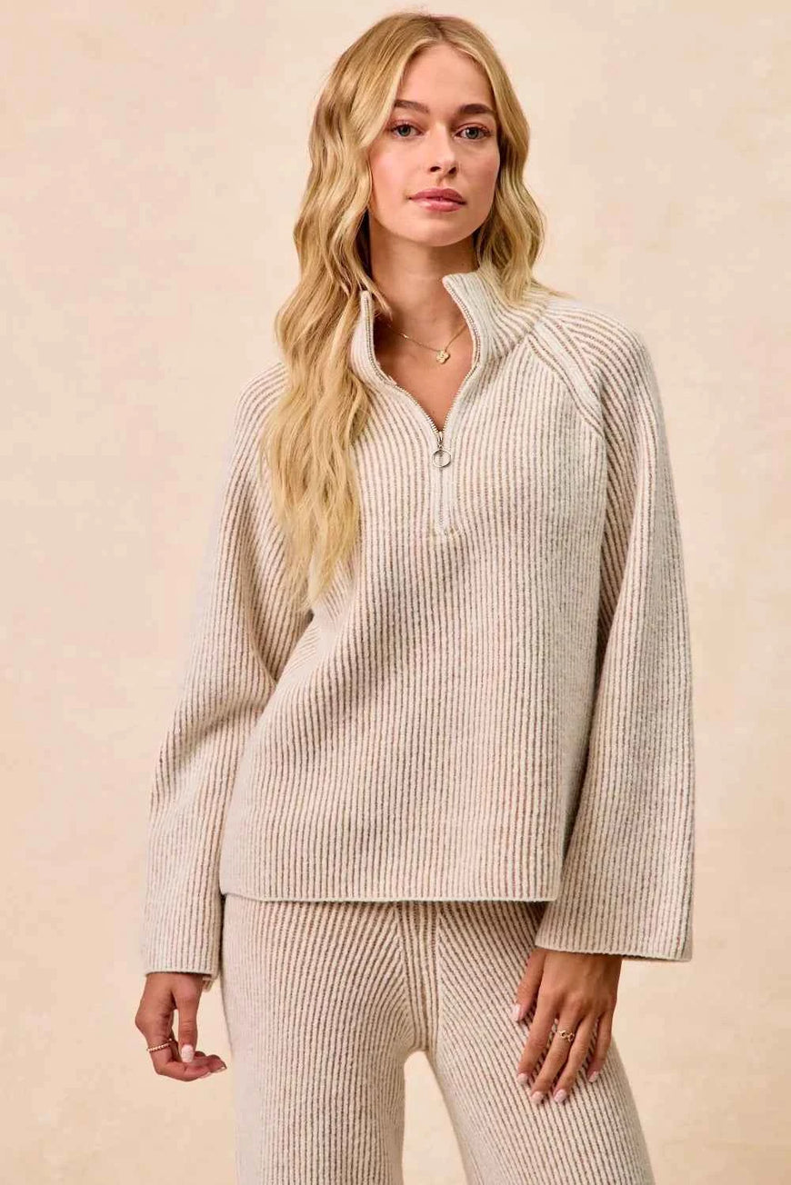 BiBi Two Tone Rib Texured Knit Collared Top with Zip Up