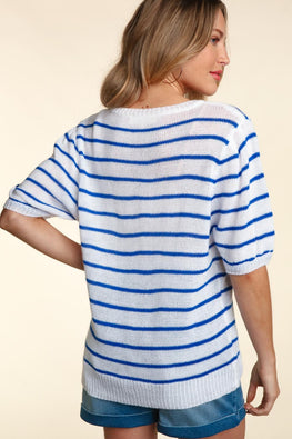 Haptics Letter Embroidery Striped Knit Top - TopFashionHQ