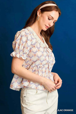 Umgee Lace Detail Bow Print Flounce Sleeve Blouse