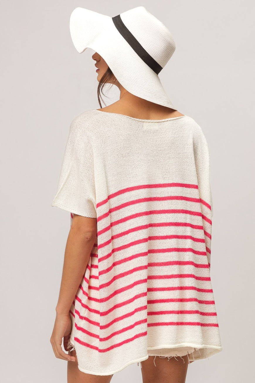 BiBi V Neck Striped Short Sleeve Top - TopFashionHQ