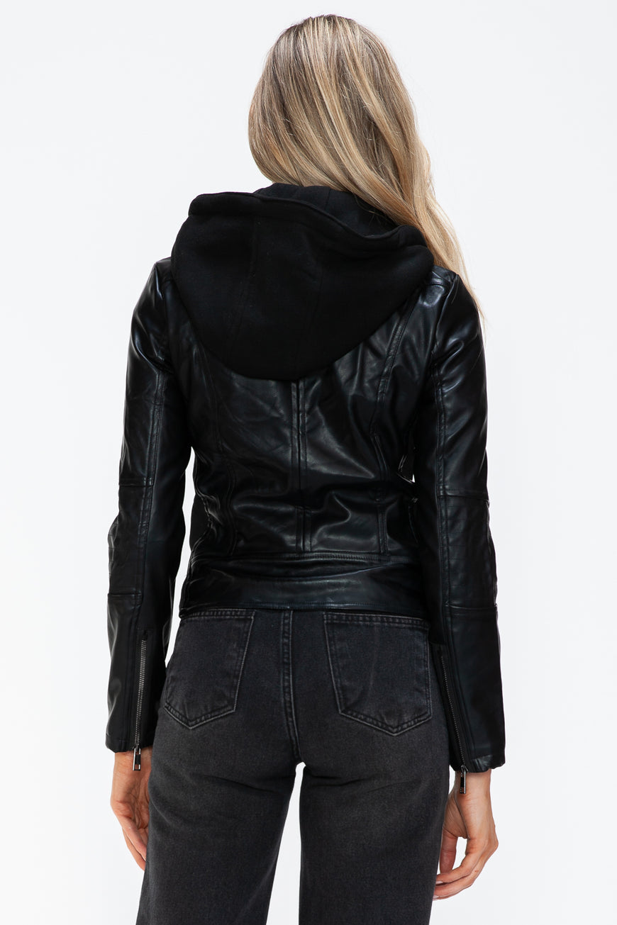 Snobbish Faux Leather Zip Up Drawstring Hooded Jacket - TopFashionHQ