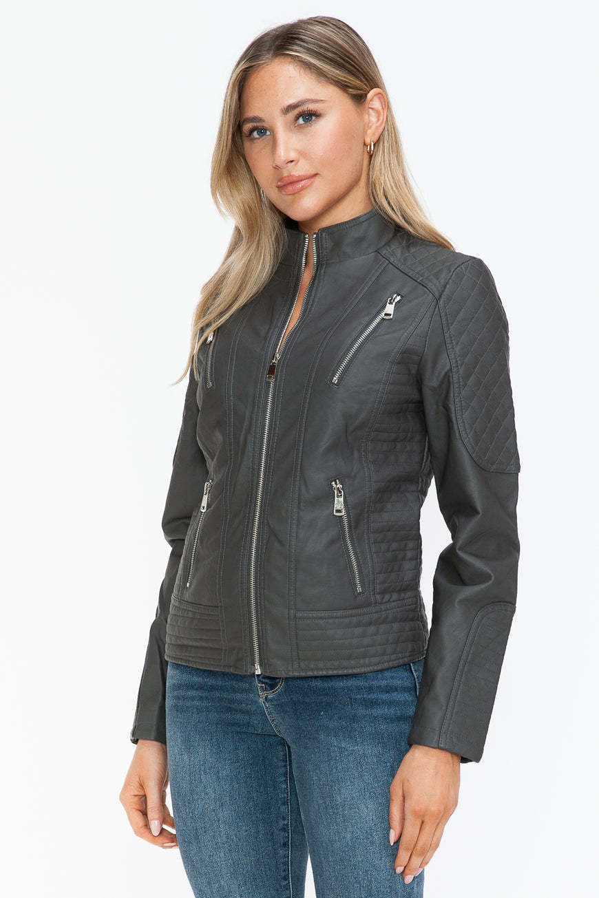 Snobbish Faux Leather Zip Up Mock Neck Jacket - TopFashionHQ
