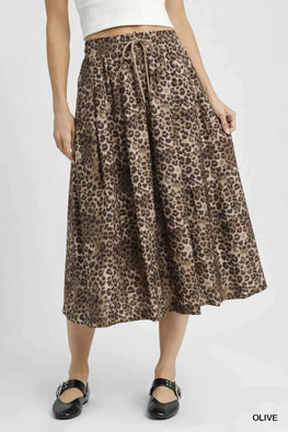 Umgee Drawstring Leopard Midi Skirt