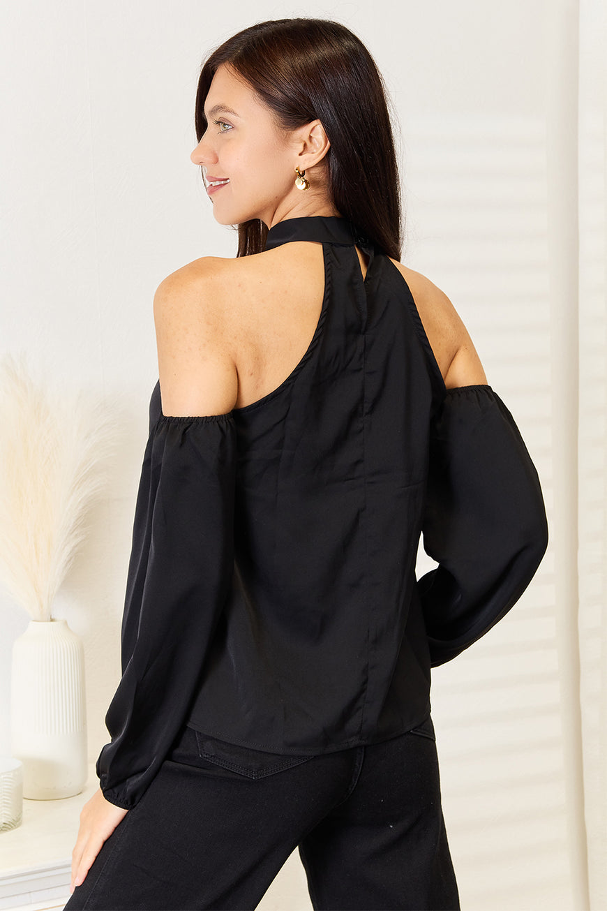Double Take Grecian Cold Shoulder Long Sleeve Blouse - TopFashionHQ