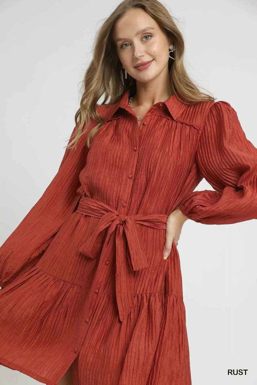 Umgee Crinkle Button-Front Tiered Mini Dress with Waist Tie