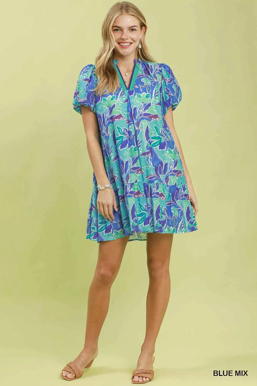 Umgee Tropical Floral Puff Sleeve Tiered Mini Dress