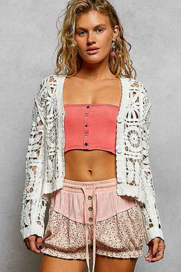 POL Button Down V-Neck Long Sleeve Cropped Crochet Cardigan