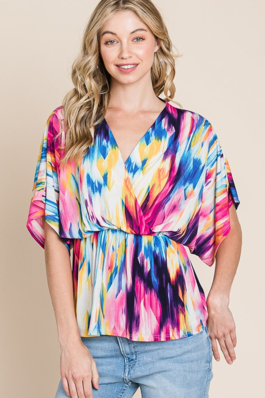 BOMBOM Printed Surplice Peplum Blouse - TopFashionHQ