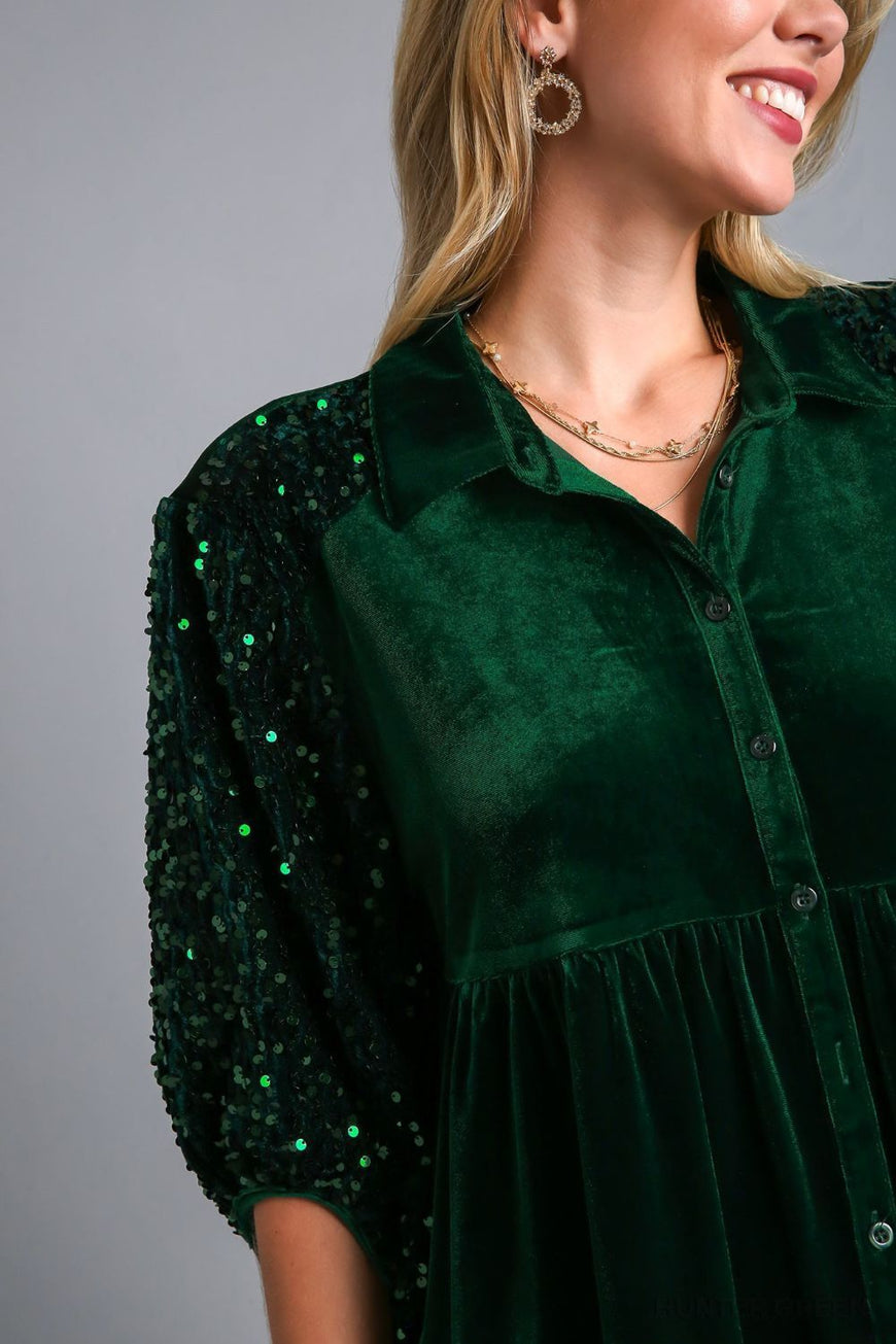 Umgee Sequin Detail Tiered Back Half Sleeve Shirt - TopFashionHQ