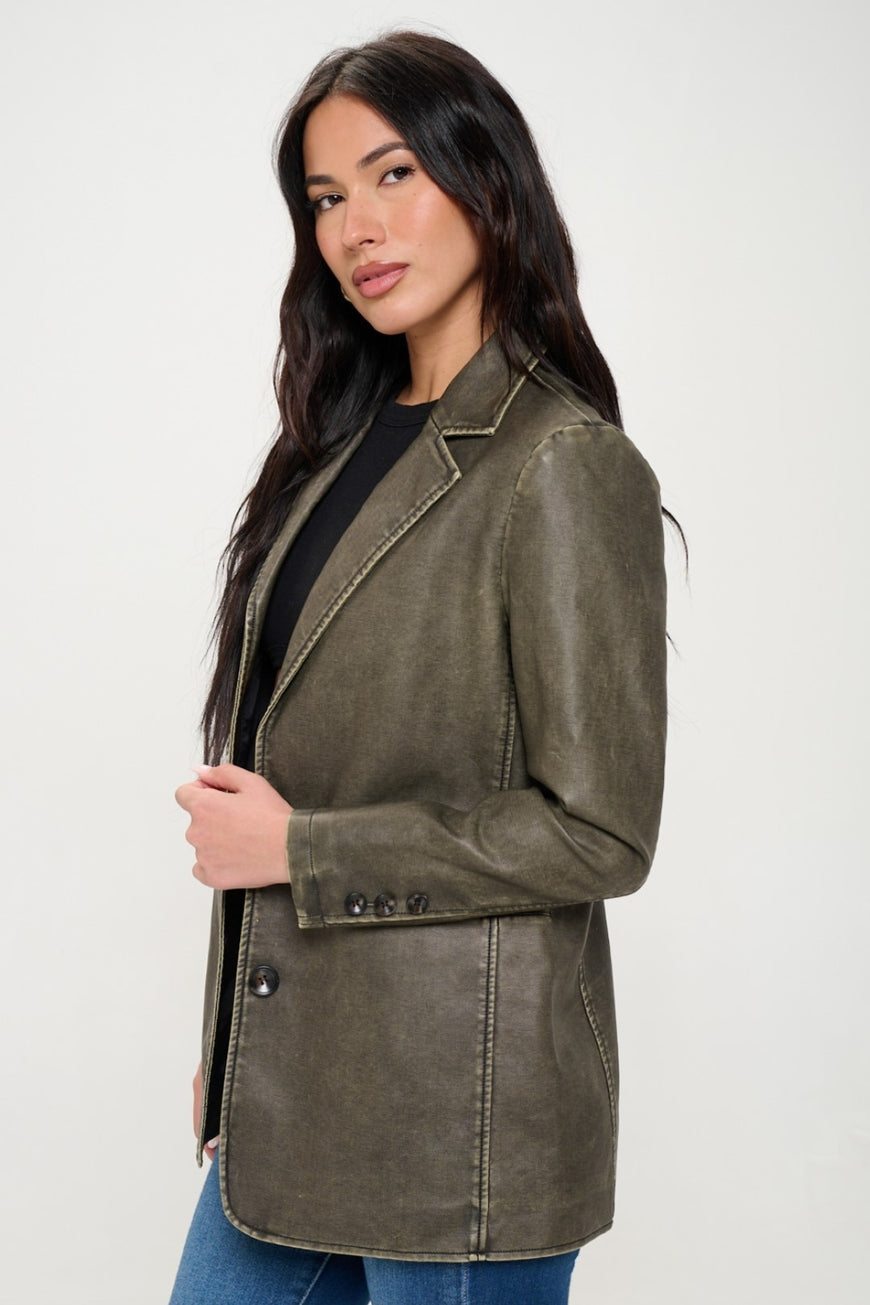 Coalition LA Single-Breasted Vegan Leather Blazer - TopFashionHQ
