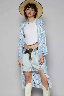 POL Open Front Crochet Cardigan with Knit Weave Patterns