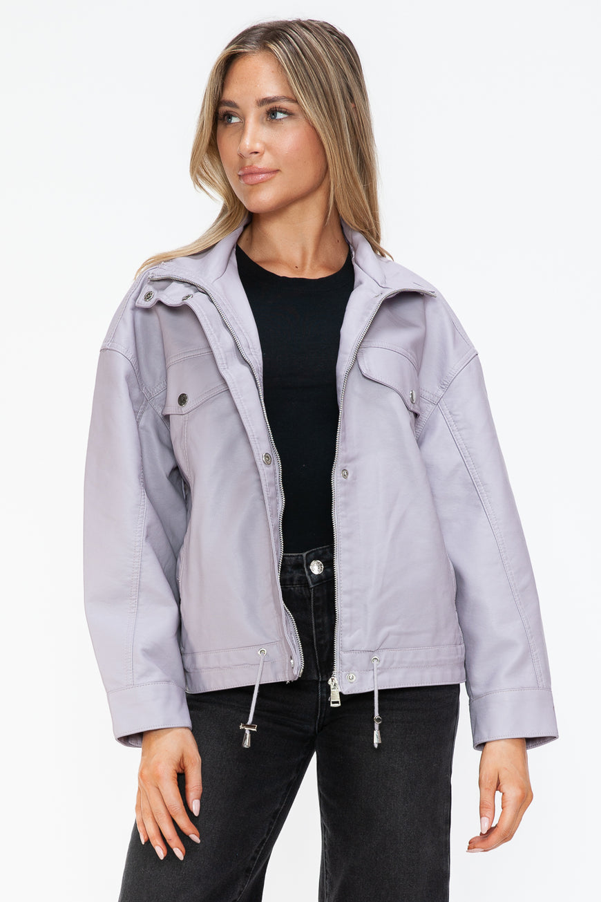 How Dare U Drawstring Hem PU Leather Zip Up Jacket - TopFashionHQ