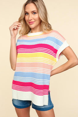 Haptics Striped Side Slit Short Sleeve Knit Top - TopFashionHQ