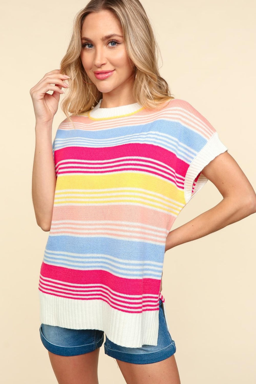 Haptics Striped Side Slit Short Sleeve Knit Top - TopFashionHQ