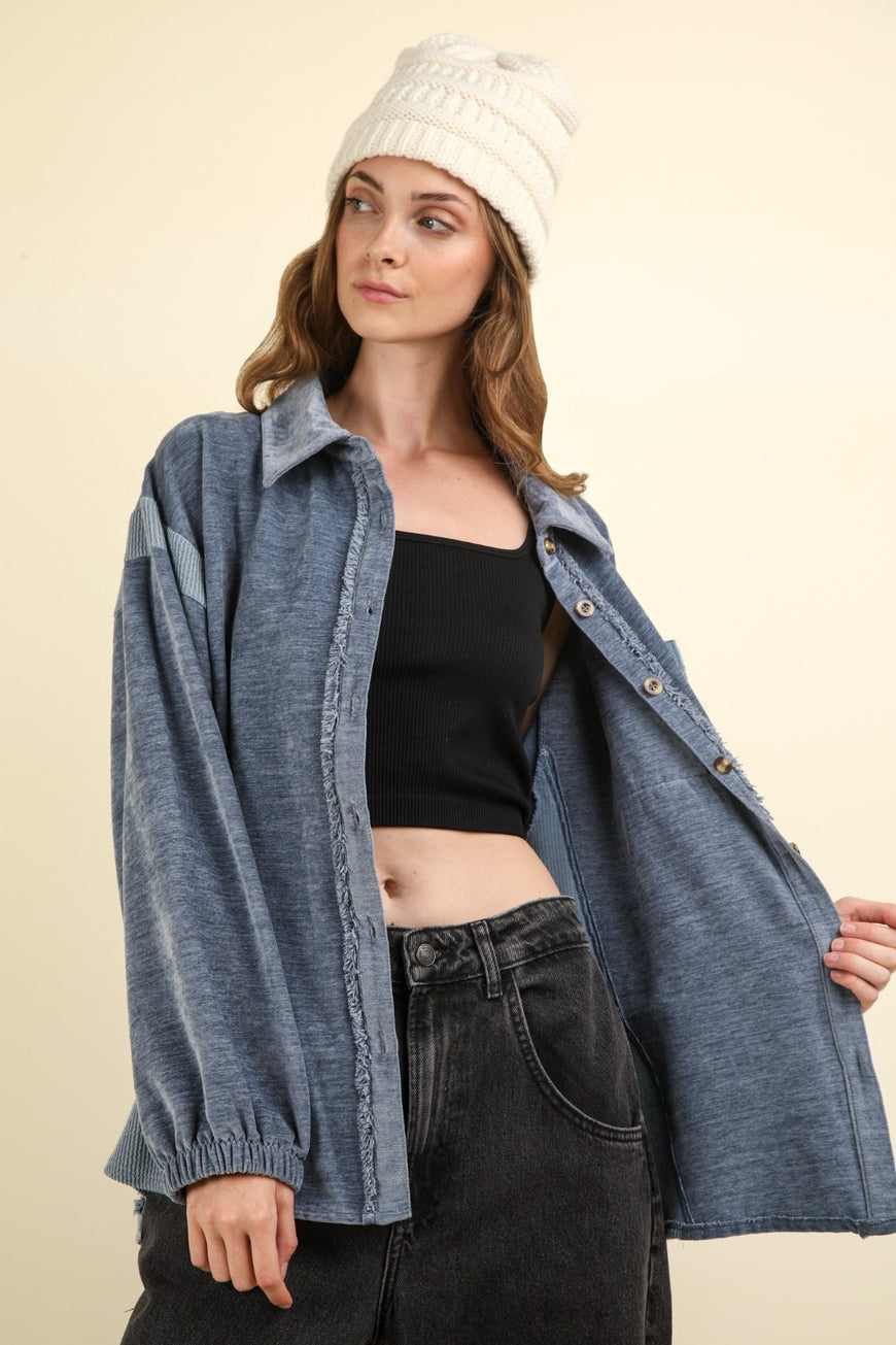 VERY J Mixed Media Button Down Raw Hem Shacket - TopFashionHQ