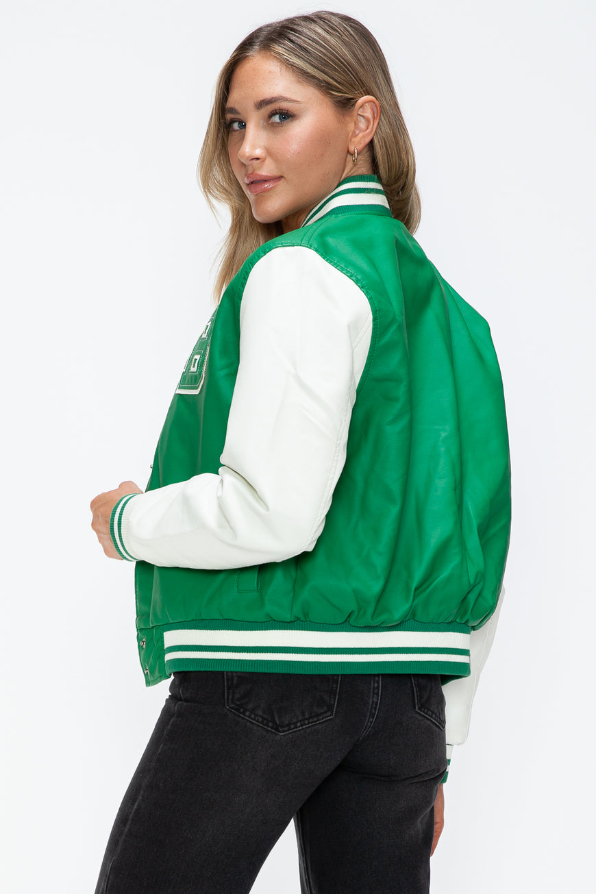 Love Me Now PU Leather Contrast Snap Down Bomber Jacket - TopFashionHQ