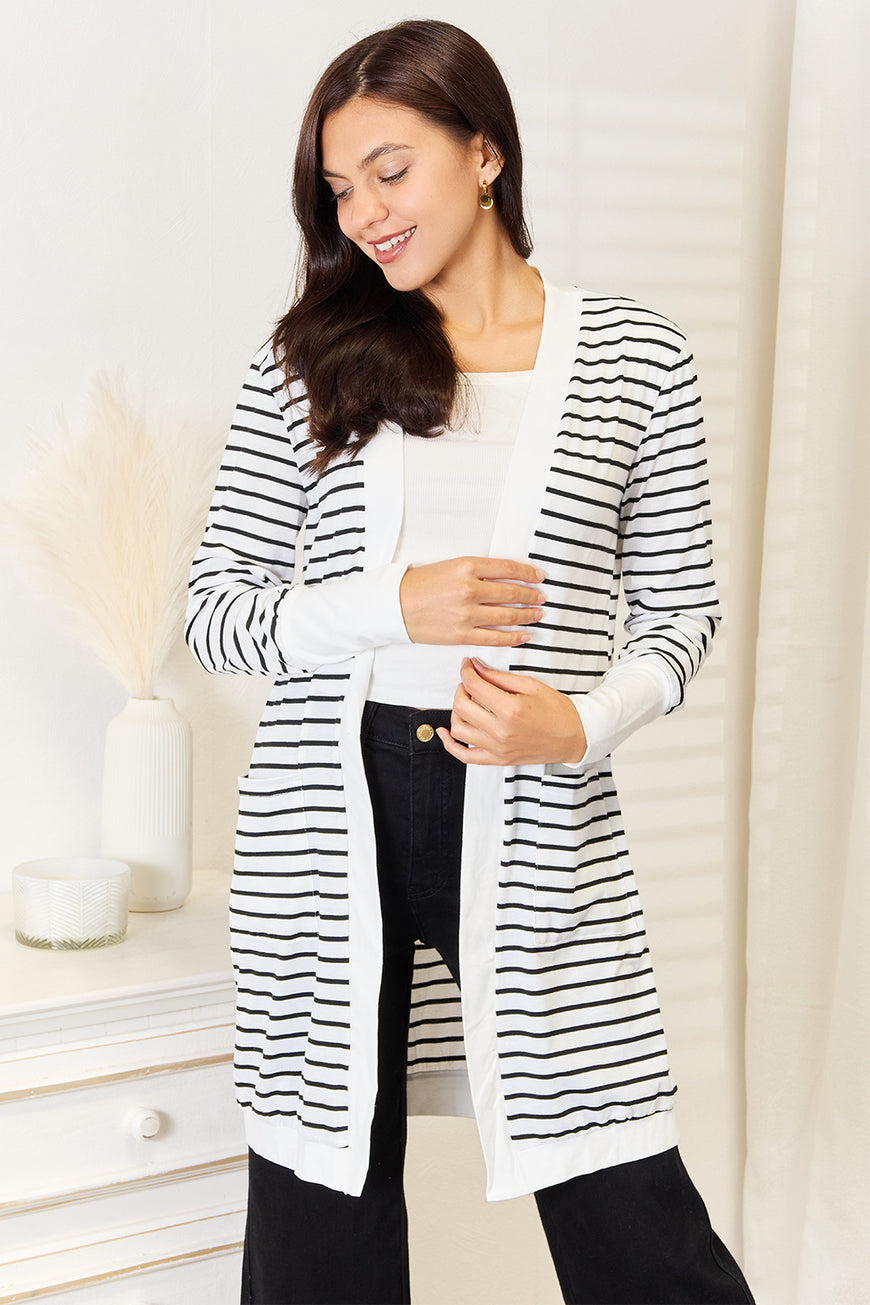 Double Take Striped Open Front Longline Cardigan - TopFashionHQ