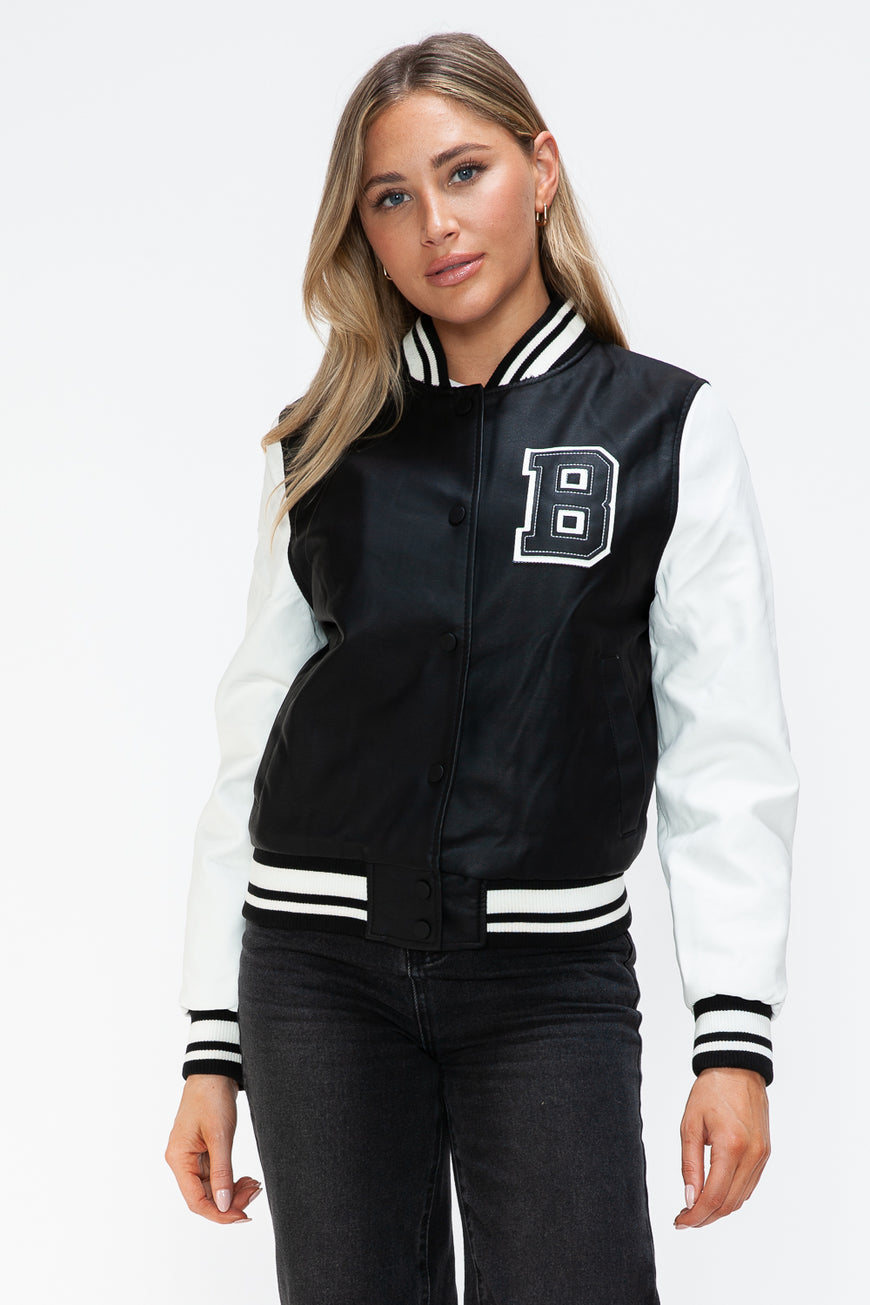 Love Me Now PU Leather Contrast Snap Down Bomber Jacket - TopFashionHQ
