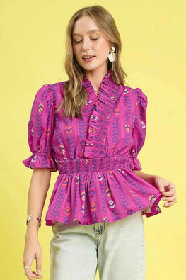 Umgee Printed Half Sleeve Peplum Blouse