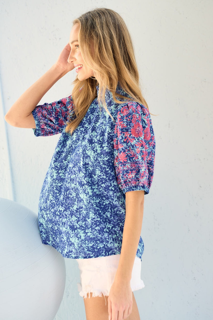 Hailey & Co Embroidered Puff Sleeve Printed Blouse - TopFashionHQ