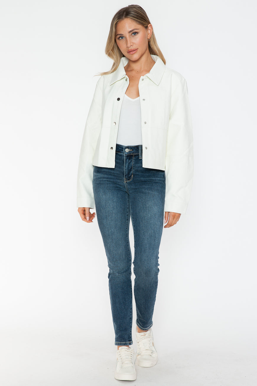 Snobbish Snap Down Long Sleeve PU Leather Jacket - TopFashionHQ