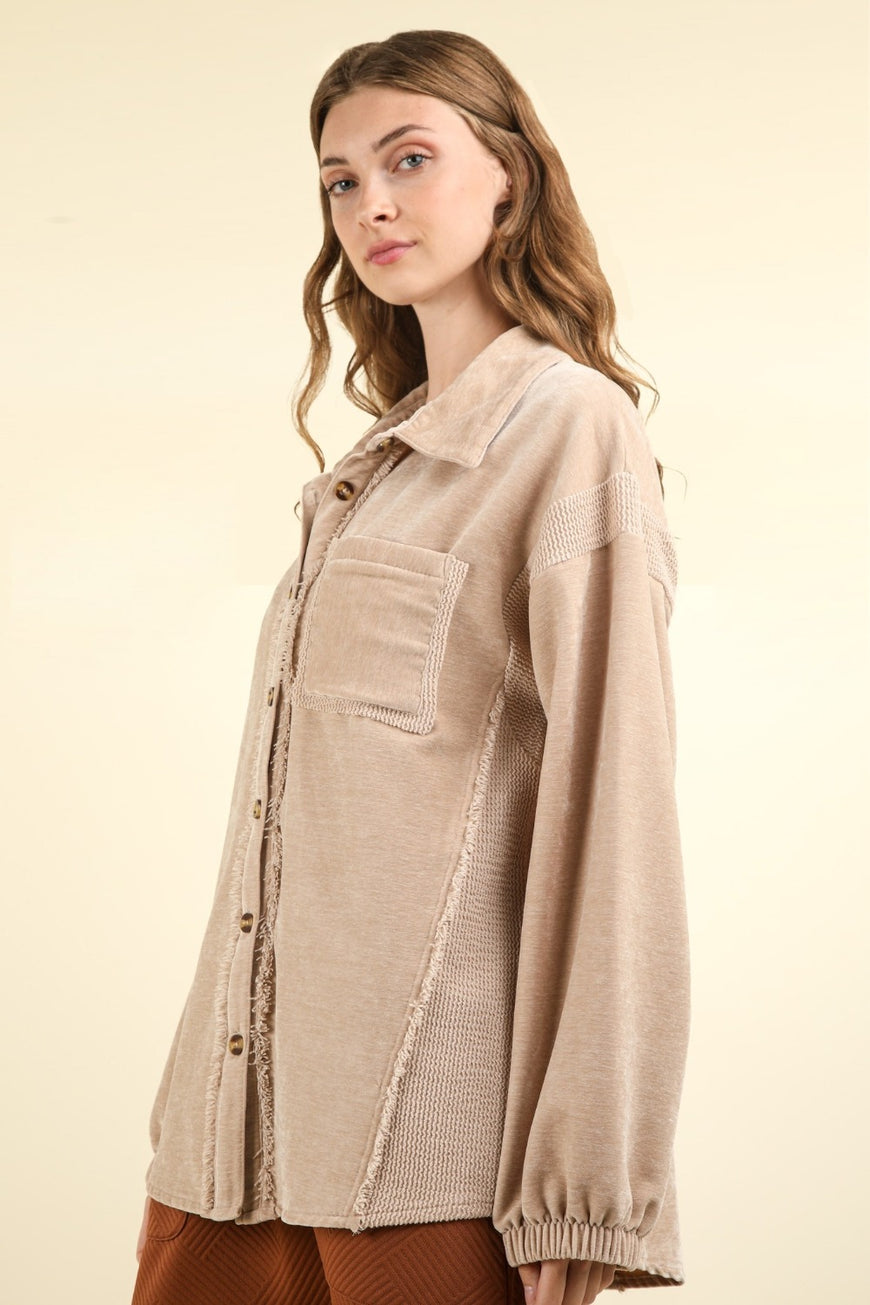 VERY J Mixed Media Button Down Raw Hem Shacket - TopFashionHQ