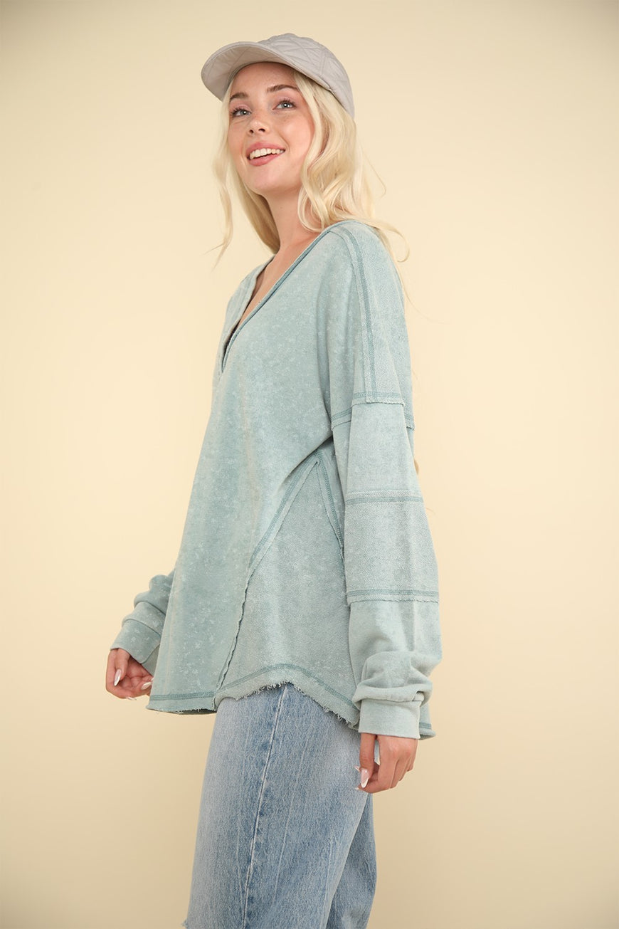 VERY J Washed V-Neck Exposed Seam Knit Top - TopFashionHQ