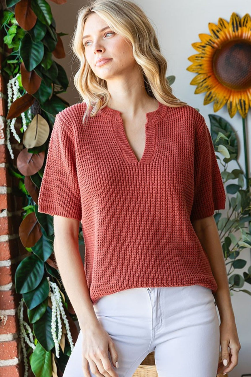 First Love Notched Short Sleeve Knit Top - TopFashionHQ