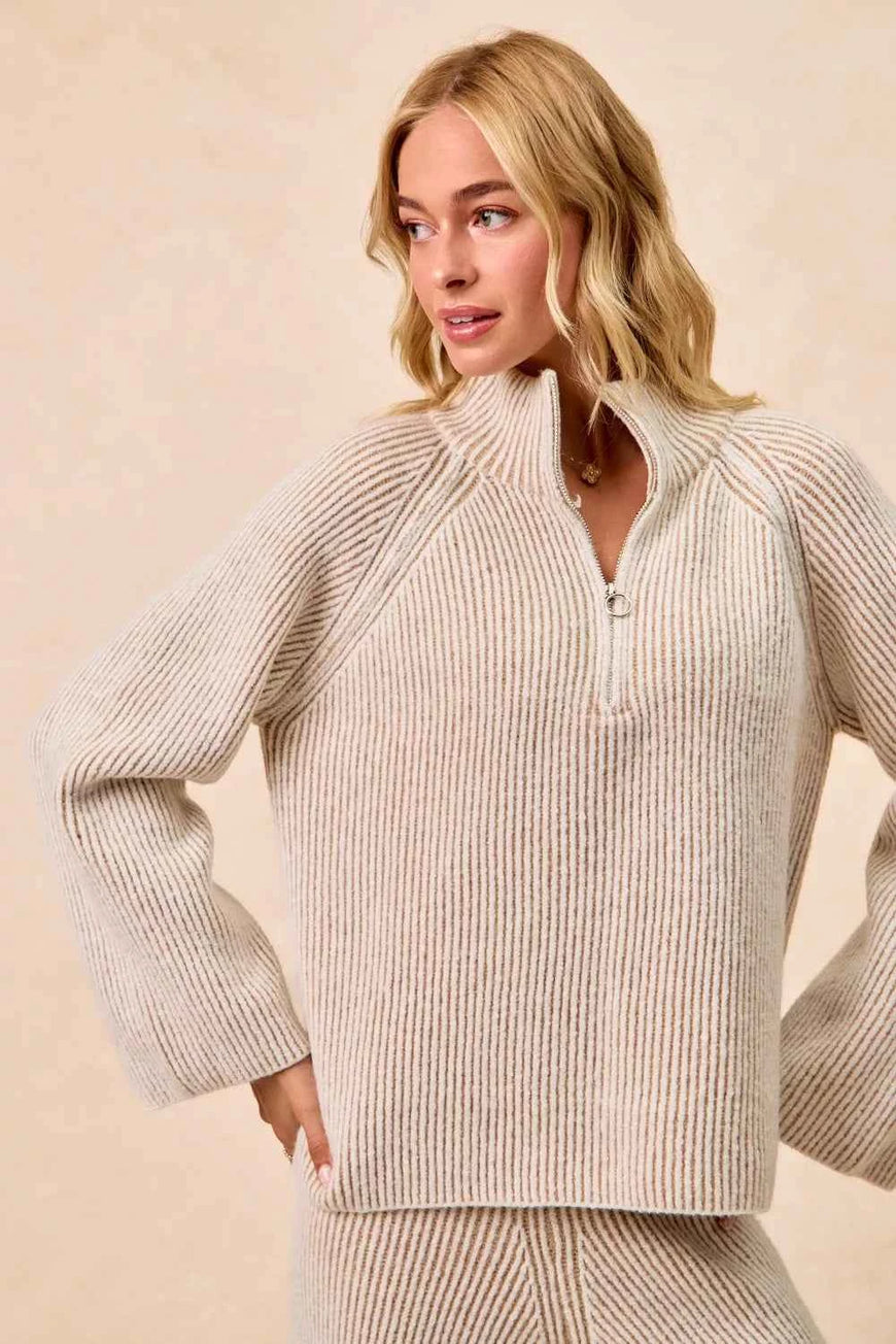 BiBi Two Tone Rib Texured Knit Collared Top with Zip Up