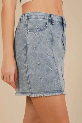 VERY J Bow Printed Casual Denim Mini Skirt