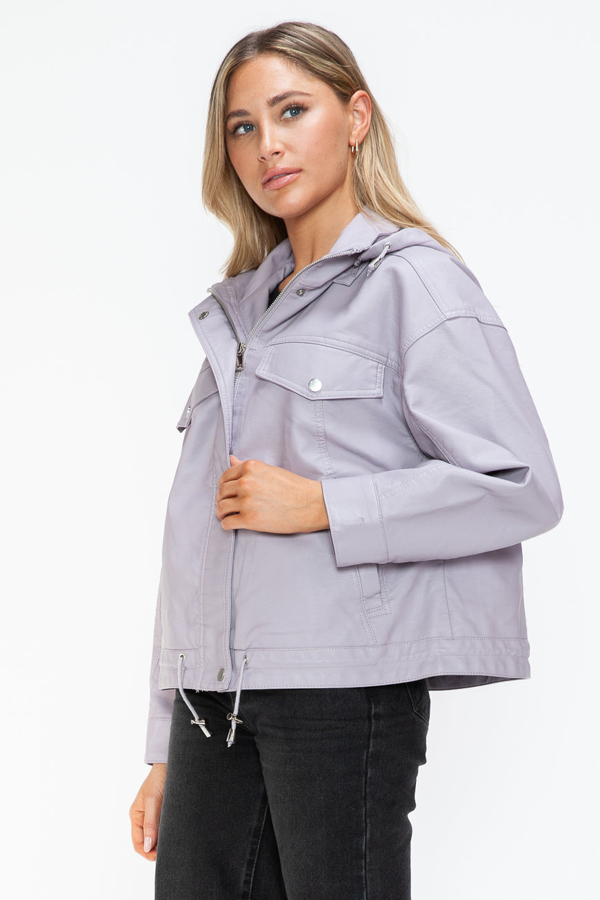 How Dare U Drawstring Hem PU Leather Zip Up Jacket - TopFashionHQ