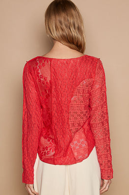 POL Exposed Seam Long Sleeve Lace Knit Top - TopFashionHQ