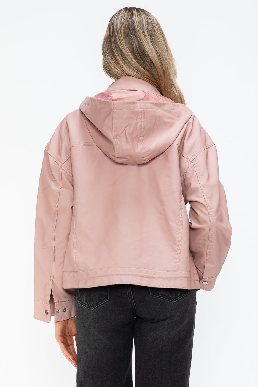 How Dare U Drawstring Hem PU Leather Zip Up Jacket - TopFashionHQ